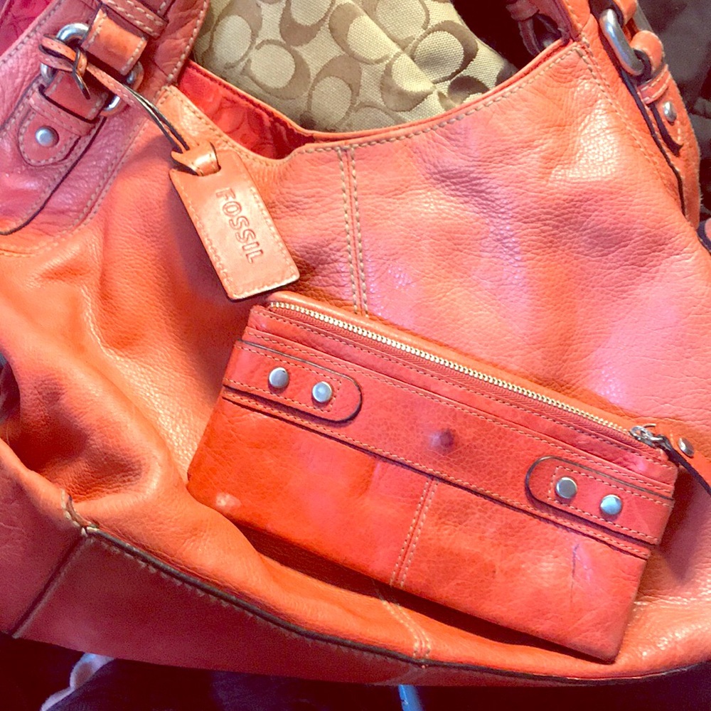 Burnt Orange Fossil hobo purse n Wallet